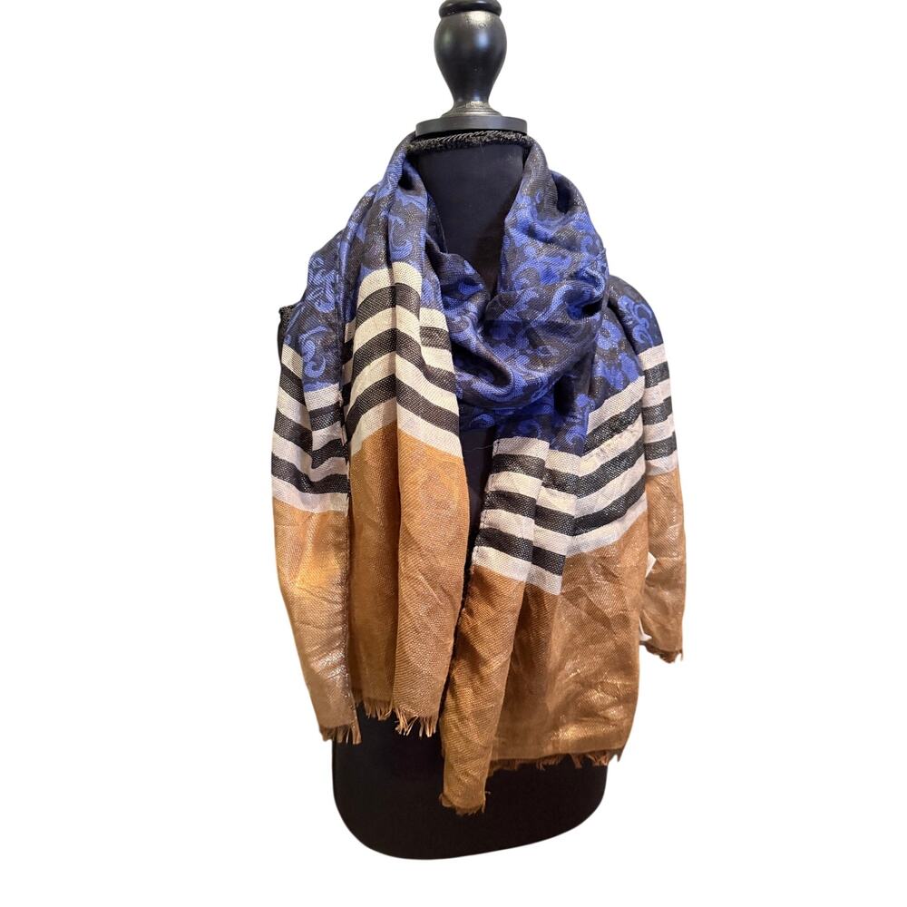 NWT Loft blue scroll black white and tan scarf wrap shawl colorblock 45X75